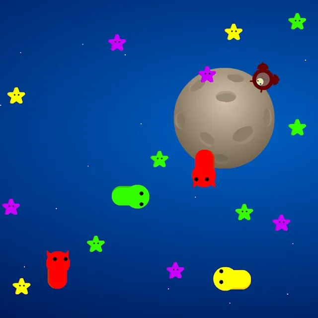 Sweet Drmzzz gameplay: pastel creatures and stars drifting around a moon in a dark blue dream sky