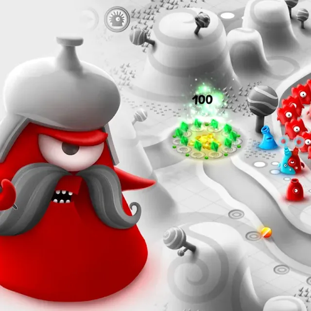 Jelly Defense: a red jelly commander watching translucent towers hold a pale curving map